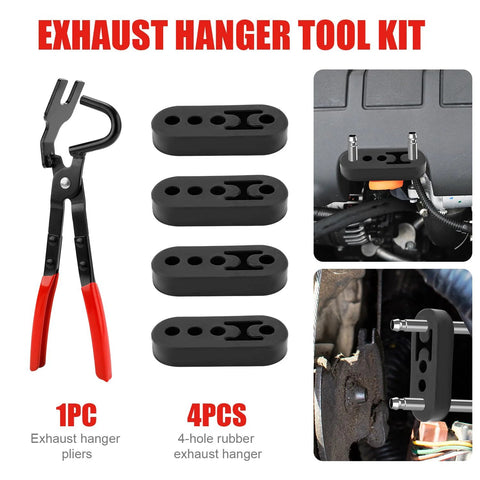 Exhaust Hanger Removal Tool And 4 Hole Rubber Hangers Kit For Cars Trucks, showing pliers and rubber hangers.