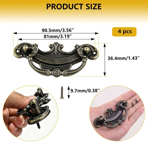 Antique Brass Drop Bail Drawer Pulls 3.5 Inch Center To Center with size dimensions and screw details for restoration