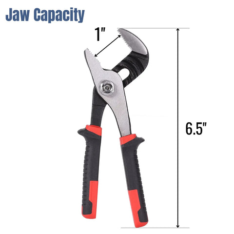 6.5 Inch Slip Joint Pliers with Groove Joint Function showing 1-inch jaw capacity