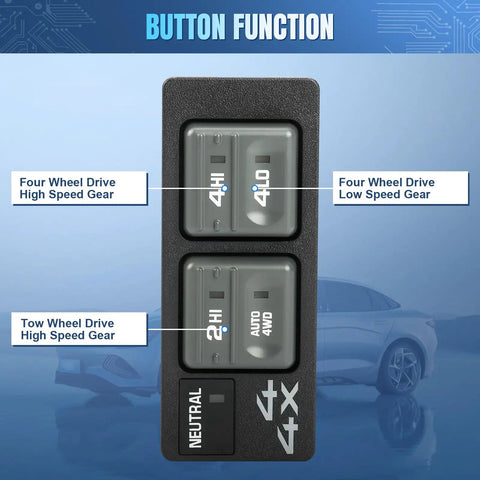 Four Wheel Drive Selector Switch 4x4 for 1998 1999 2000 Chevy Tahoe Suburban K1500 K2500 Escalade and GMC 1500 2500 Replacement Switch With Easy Install and Durable Electronics for Smooth Shifts, front view