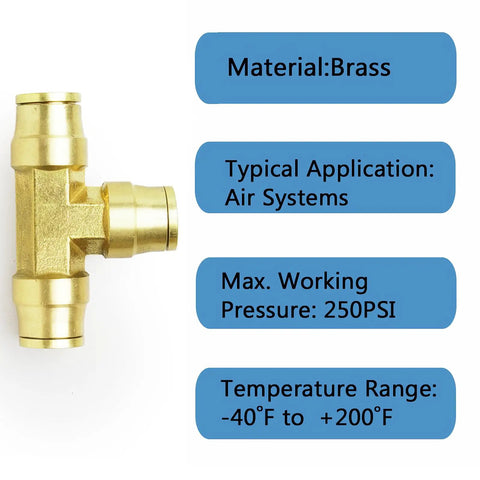 Push To Connect One Quarter Inch Tee Union Pneumatic Fittings Beefy Brass Construction Five Pack For Air System Air Hose And Brake Line Quick Connect Kit showing material and specifications