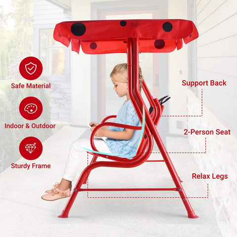Side view of Porch Swing For Two Children With Adjustable Canopy And Safety Belts For All Weather Outdoor Patio in red ladybug pattern