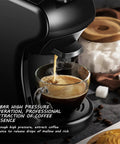 Close-up of a Capsule Coffee Machine With Built In Grinder And Steam Wand Compact Do It All Espresso Maker brewing espresso.