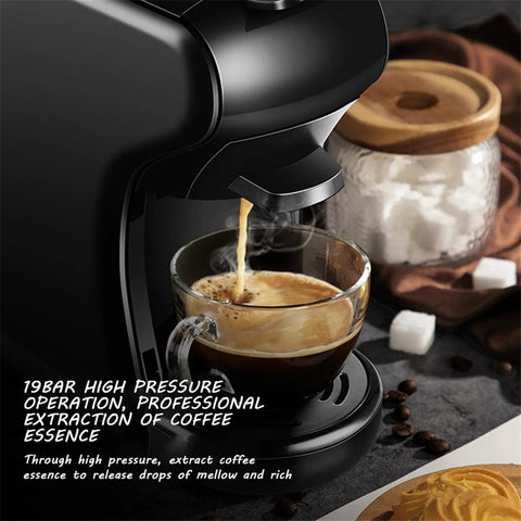 Close-up of a Capsule Coffee Machine With Built In Grinder And Steam Wand Compact Do It All Espresso Maker brewing espresso.