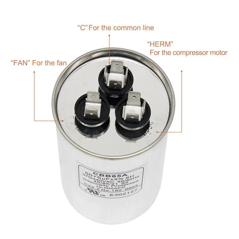 Top view of 2 Pack Heavy Duty 50 Plus 5uF Capacitors With 6 Percent Tolerance, CBB65 Dual Run Start Capacitors for HVAC systems