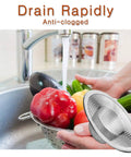 2 Pack Heavy Duty Stainless Steel Sink Strainer Pair, No Clog Hair Catcher Filter Basket Trap in kitchen sink with vegetables.