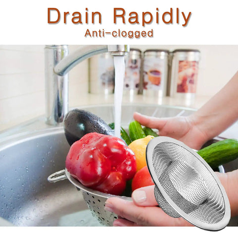 2 Pack Heavy Duty Stainless Steel Sink Strainer Pair, No Clog Hair Catcher Filter Basket Trap in kitchen sink with vegetables.