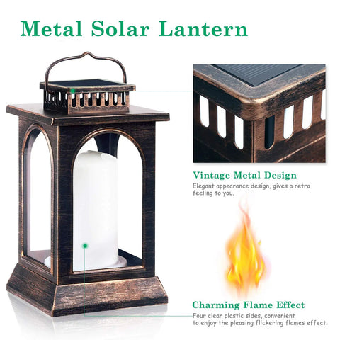 Lit Outdoor Solar Lantern With Realistic Flickering Flame, Metal Hanging Lantern For Patio And Garden, USB Rechargeable Option.