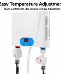 Instant Hot Water Heater Tankless 5.5Kw Electric On Demand Unit featuring touchscreen control and LED display adjustment.