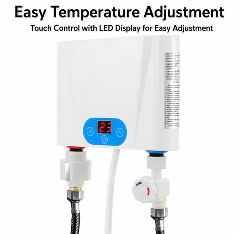 Instant Hot Water Heater Tankless 5.5Kw Electric On Demand Unit featuring touchscreen control and LED display adjustment.