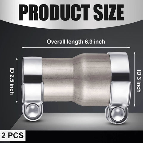 Two Pack Stainless Steel Exhaust Adapter Reducer Kit From 2.5 Inch ID To 3 Inch OD With Clamps Universal Exhaust Pipe Connector
