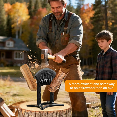 Man using Kindling Splitter For Wood No Axe Needed Manual Cast Iron Log Splitter with Wedge Point and Safety Cover outdoors