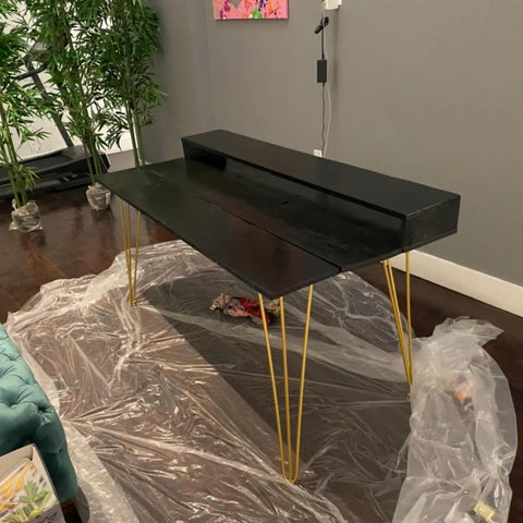 Black table with 28 Inch Hairpin Legs Set Of 4 For Industrial Metal Coffee Tables And End Tables Tall Iron Furniture Legs Mid Century Modern Style
