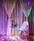 Multicolor USB Curtain Lights With Eight Modes For Indoor And Outdoor Decor, draped over a window, creating ambient light.