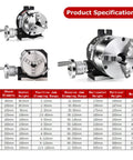 Heavy Duty Three Jaw Chuck Universal Indexing Head For Cnc Milling Machines showing specifications and angles, with detailed clamping ranges.