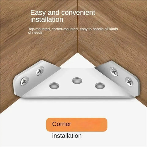 Real Deal Premium Stainless Steel Corner Braces Right Angle Bracket Set For Furniture Cabinet Support No Sweat Diy Shelf Connector Hardware With Silver Screws One Hundred Pack Bundle showing corner brace installation on wood.