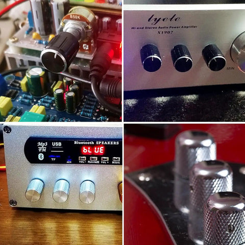 Collage of Six Pack Black Aluminum Potentiometer Knobs Knurled 6mm Shaft Diameter 10x15mm for audio gear and amplifier control