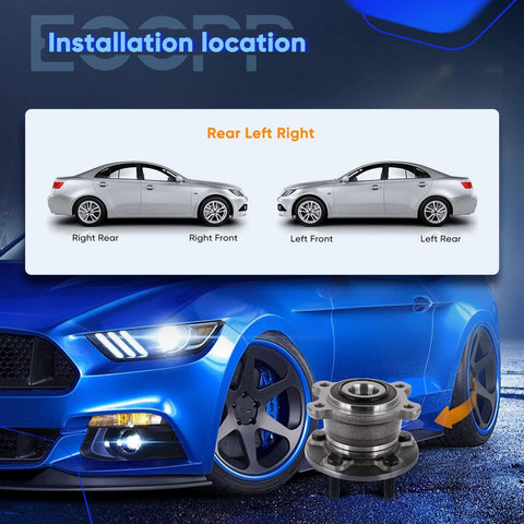 Rear Wheel Hub And Bearing Assembly 512500 Fits AWD Ford Escape 2013 2019 And Lincoln MKC 2015 2019 No ABS 5 Lug 1 Piece Hub Bearing Replacement DIY Friendly Direct Fit image showing installation placement with blue car in background.