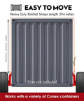 2-pack shipping container wheel kit with 6-lug wheels and heavy-duty ratchet straps; gray container frame illustration