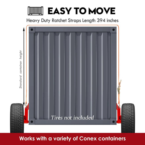 2-pack shipping container wheel kit with 6-lug wheels and heavy-duty ratchet straps; gray container frame illustration