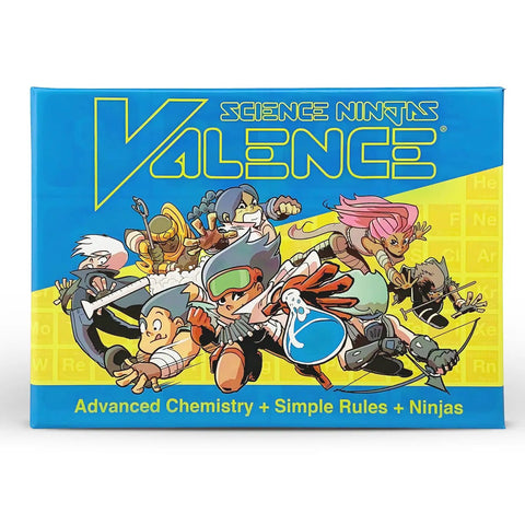 Box cover of Science Ninjas Valence game with cartoon ninjas for Periodic Table Card Game For Kids 8 To 12 That Totally Makes Chemistry Fun And Easy STEM Hands On Learning Toy About Elements Molecules And Reactions Educational Science Gift For Home Or Classroom Portable Family Game Night