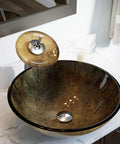 Foil Undertone Glass Vessel Sink With Bronze And Gold Inlays, Black And Gold Finish, sleek bowl on marble vanity, modern bathroom