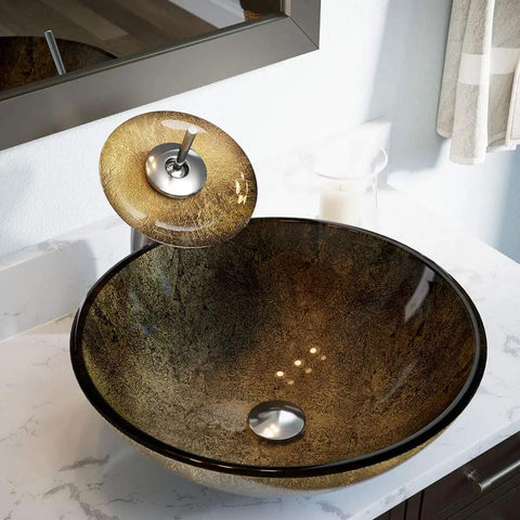 Foil Undertone Glass Vessel Sink With Bronze And Gold Inlays, Black And Gold Finish, sleek bowl on marble vanity, modern bathroom