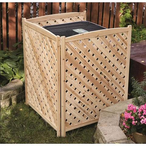Outdoor Air Conditioner Fence Screen and Privacy Enclosure, Perforated Wooden Lattice Panel Made From Solid Fir, backyard view