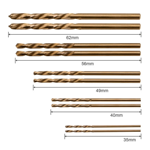 Ten Piece Cobalt Drill Bit Set For Stainless Steel And Hard Metals, Two Each Of 1mm, 1.5mm, 2mm, 2.5mm, And 3mm, Jobber Length Twist Drills, M35 High Speed Steel Built For Precision Small Hole Drilling And Tough As Nails Heavy Duty Jobs, size comparison.