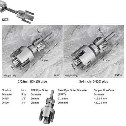 4 In 1 Water Pipe Wrench With Integrated Internal And External Threading, Pipe Tapping And PVC Threader For 1/2 Inch And 3/4 Inch Pipes shown in size comparison