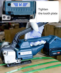Heavy Duty Electric Strapping Machine Handheld Semi Auto Banding Tool For 1/2 To 5/8 In PP PET Plastic Straps With Rechargeable Battery in use tightening green strap.