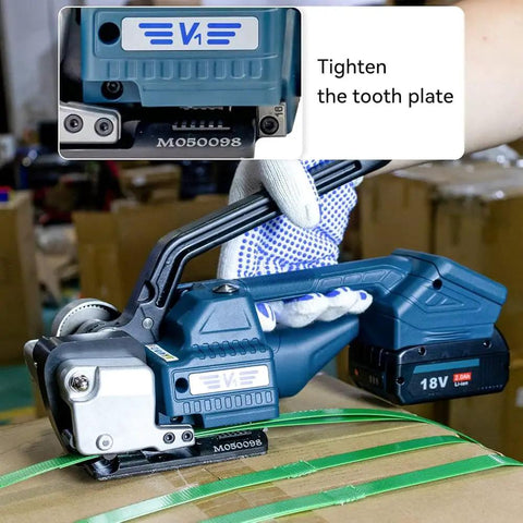 Heavy Duty Electric Strapping Machine Handheld Semi Auto Banding Tool For 1/2 To 5/8 In PP PET Plastic Straps With Rechargeable Battery in use tightening green strap.
