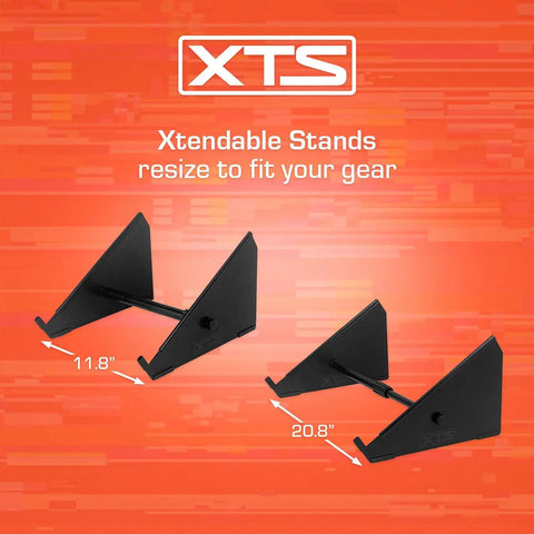 XTS Desktop Stand For Studio Gear Extendable From 11.8 To 20.8 Inches with two positions shown against orange background