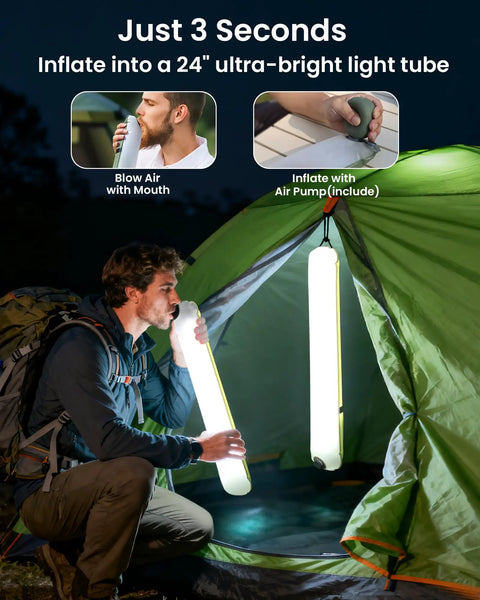 Man inflating Inflatable 24 Inch Solar Camping Lantern Must Have With Magnetic LED Tube Light USB C 4000mAh Phone Charger