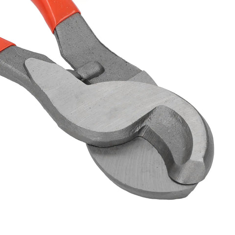 Close-up of the cutting jaws on a Beefy 10 Inch Cable Cutter With Built In Wire Stripping High Carbon Steel Jaw Cuts Copper and Aluminum