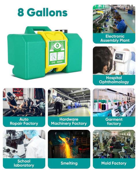 Portable Eight Gallon Eyewash Station Worksite Ready Gravity Fed Emergency Rinse With Fifteen Minute Continuous Flush Osha Compliant wall mount gear in use at various workplaces.