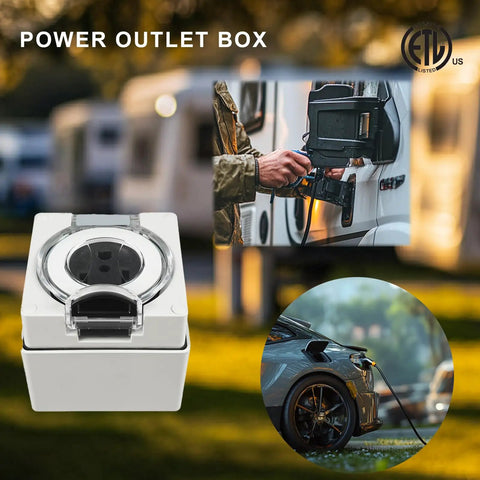 Built Legit For Any Adventure This Heavy Duty Nema 5-30R RV Power Outlet Box for outdoor use, showing IP66 waterproof design.