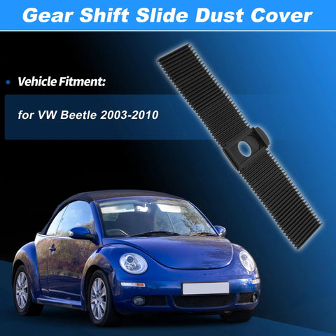 Automatic Gear Shift Slide Dust Cover For VW Beetle 2003 2010 next to a blue VW Beetle vehicle fitment illustration