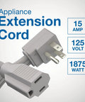 Heavy Duty 12ft Appliance Extension Cord With 14 Gauge High Voltage Flat End 3 Prong Plug Gray 15A 125V 1875W detail