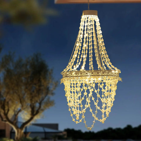 Give Your Outdoor Patio A Major Glow Up With This Stunning Handcrafted Solar Crystal Chandelier Featuring Cascading Diamond Sparkles And Weather Proof White Metal Frame, 40 inch height.