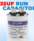 Close-up of Dual Run Start Capacitor 35 UF 370 To 440 VAC CBB65R with metal connectors for HVAC systems.