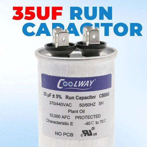 Close-up of Dual Run Start Capacitor 35 UF 370 To 440 VAC CBB65R with metal connectors for HVAC systems.