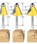 Three Piece Chamfer Router Bit Set For Woodworking, One Quarter Inch Shank, One Inch Cutting Length, Angles 15, 22.5, And 30 Degrees, Perfect For Rail And Stile Cuts On CNC Or Desktop Routers, Durable Carbide Bits, shown with wood angles.