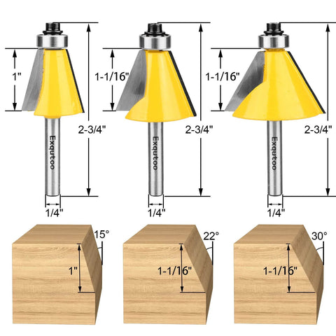 Three Piece Chamfer Router Bit Set For Woodworking, One Quarter Inch Shank, One Inch Cutting Length, Angles 15, 22.5, And 30 Degrees, Perfect For Rail And Stile Cuts On CNC Or Desktop Routers, Durable Carbide Bits, shown with wood angles.