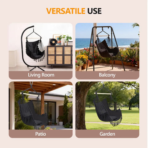 Hammock Hanging Chair With Two Cushions, Portable Caribbean Style Swing Seat For Outdoor And Indoor Use shown in living room, balcony, patio, and garden setups.