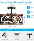 Semi Flush Mount Ceiling Light Fixture With 3 Lights, Open Drum Frame, Dope Modern Rustic Farmhouse Style, Black And Wood Grain Finish, Ideal For Bedroom Living Room Dining Room Hallways And Foyers, 13 Inch with dimensions and installation guide