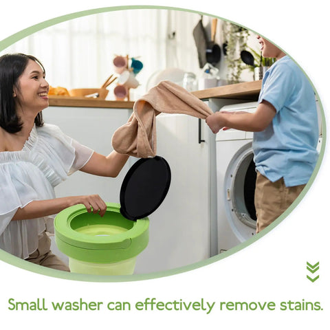 Portable Mini Washing Machine 6 Liter Foldable Compact Cleaner helps load laundry with a child in a bright kitchen.