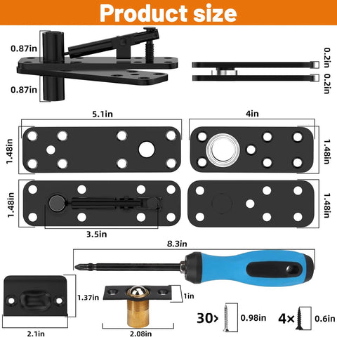 Dimensions and components of Heavy Duty Hidden Door Hinge Kit For Secret Doors And Bookcases With 570 Lbs Load Capacity in stainless steel.