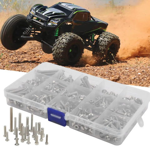 RC Car Screw Kit 451Pcs Stainless Steel Fastener Set For One Fifth Scale 6S 8S RC Cars And Trucks shown with RC car and storage box
