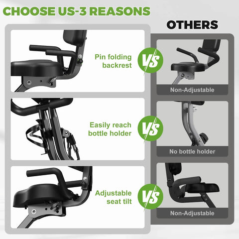 Comparison of features for Crush Your Cardio Game On This Smooth Five In One Folding Exercise Bike, highlighting adjustable components.